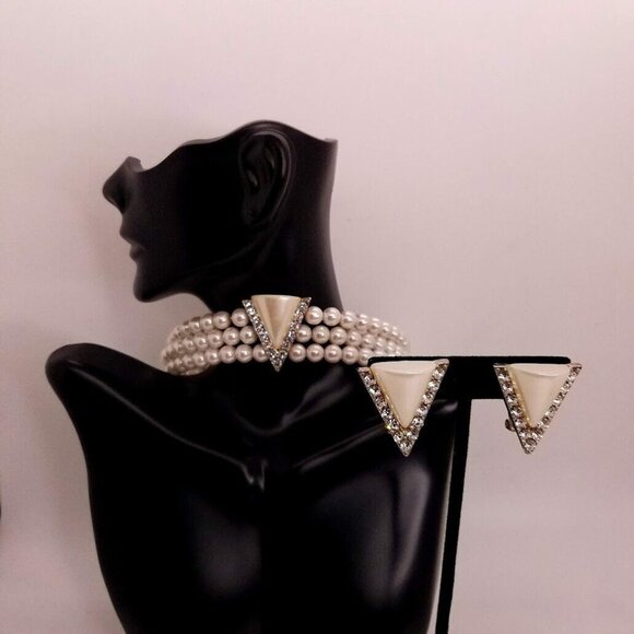 Christina Collection Necklace Clip On Earrings Simulated Pearls 3 Strands - Picture 1 of 15